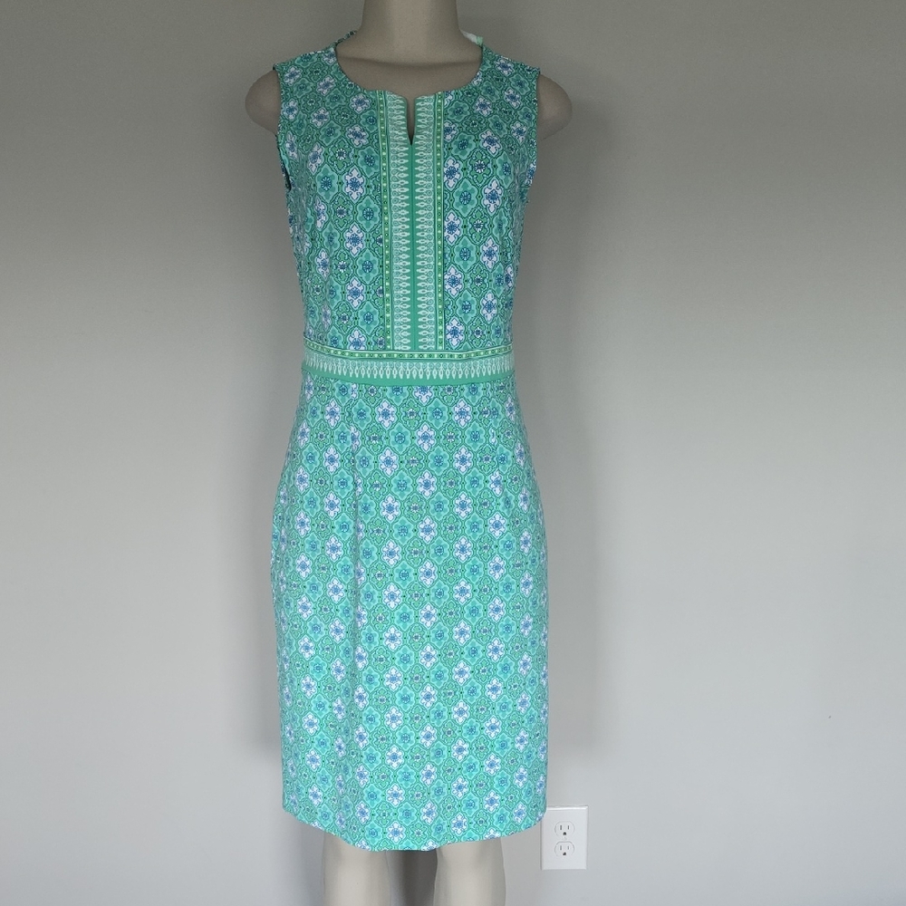 Talbots aqua/blue medallion print no sleeve stretchy dress-S